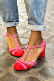 Wide-cut-out colour block Fuchsia heels with buckle and T-strap