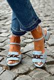 Blue Low Heels with Metal Chain and Visible Stitching