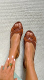 Brown Open-Toe Low Slingback Sandals with Crossed Straps