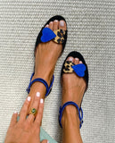 Blue Leopard Print Low Open-Toe Sandals with Ankle Strap and Heart [Pre-Order]